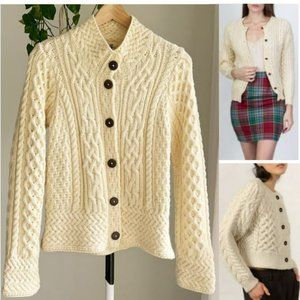 Carraig Donn Cream 100% Wool Cropped Irish Fisherman Aran Cardigan Sweater-EUC